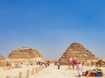 Pyramids of Giza with Camel and Tourists