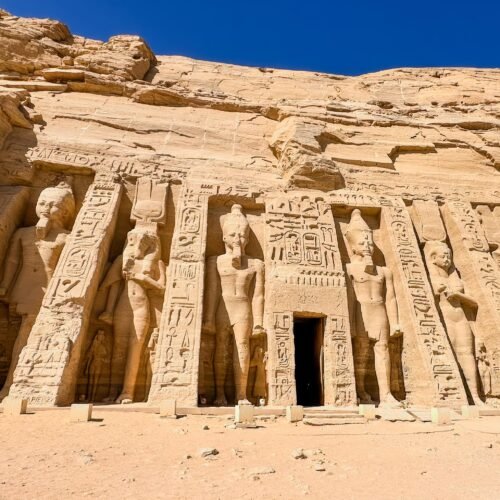 The Temple of Nefertari and the goddess Hathor near the Temple of Ramesses II at Abu Simbel, in southern Egypt, Nubia. aswan